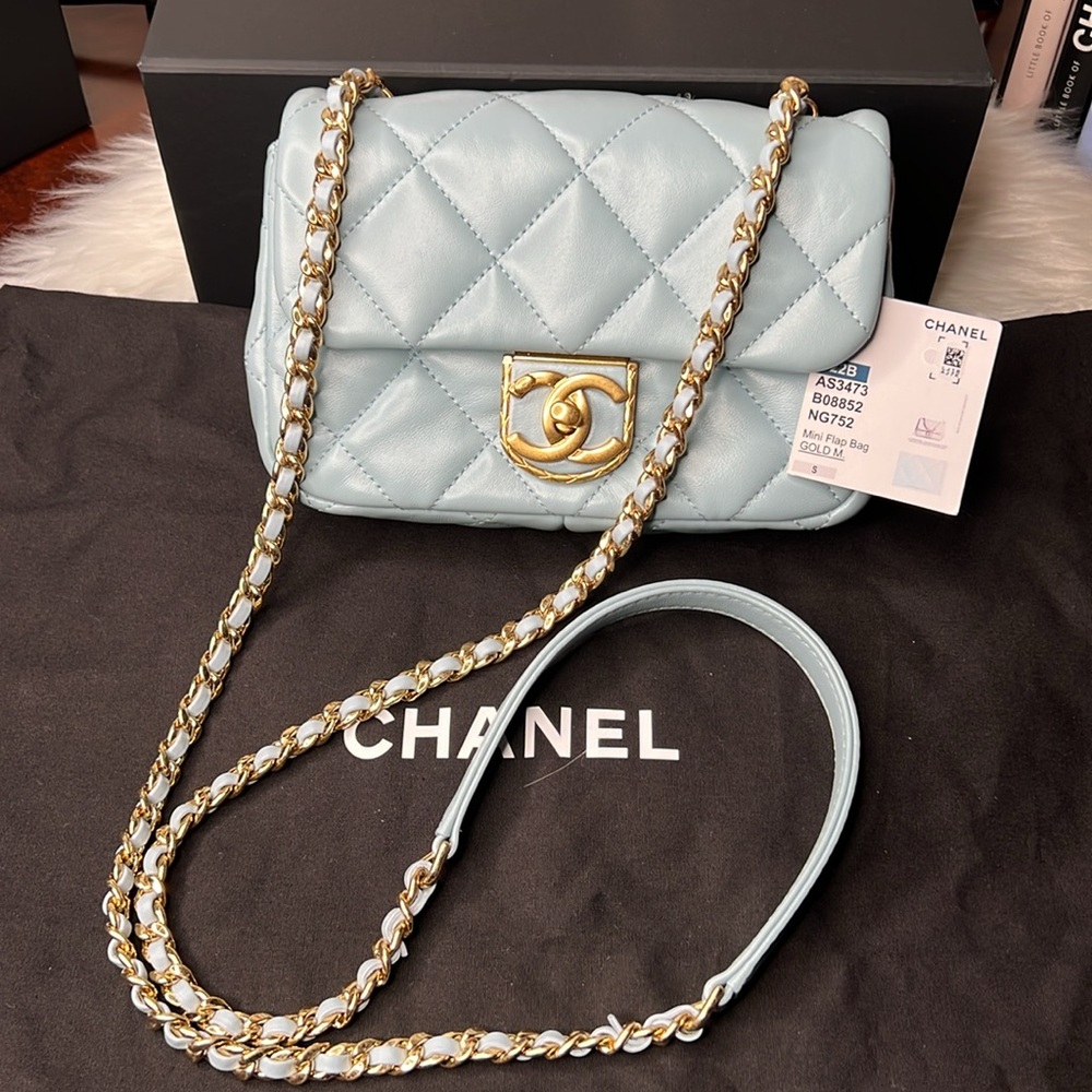 Chanel Blue Quilted Mini Flap Leather Bag Gold Box, Dust Bag NWT - Picture 14 of 17